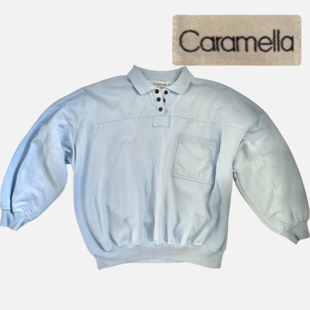 Caramella Lightweight Spring Sweatshirt Blue Collared Vintage 90s Preppy Coastal - Picture 6 of 7